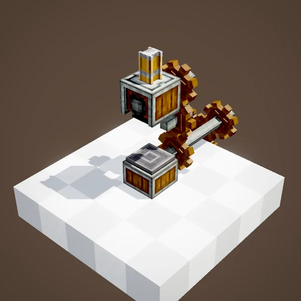 Mechanical Press placed two blocks above a depot, driven by cogwheels on the side